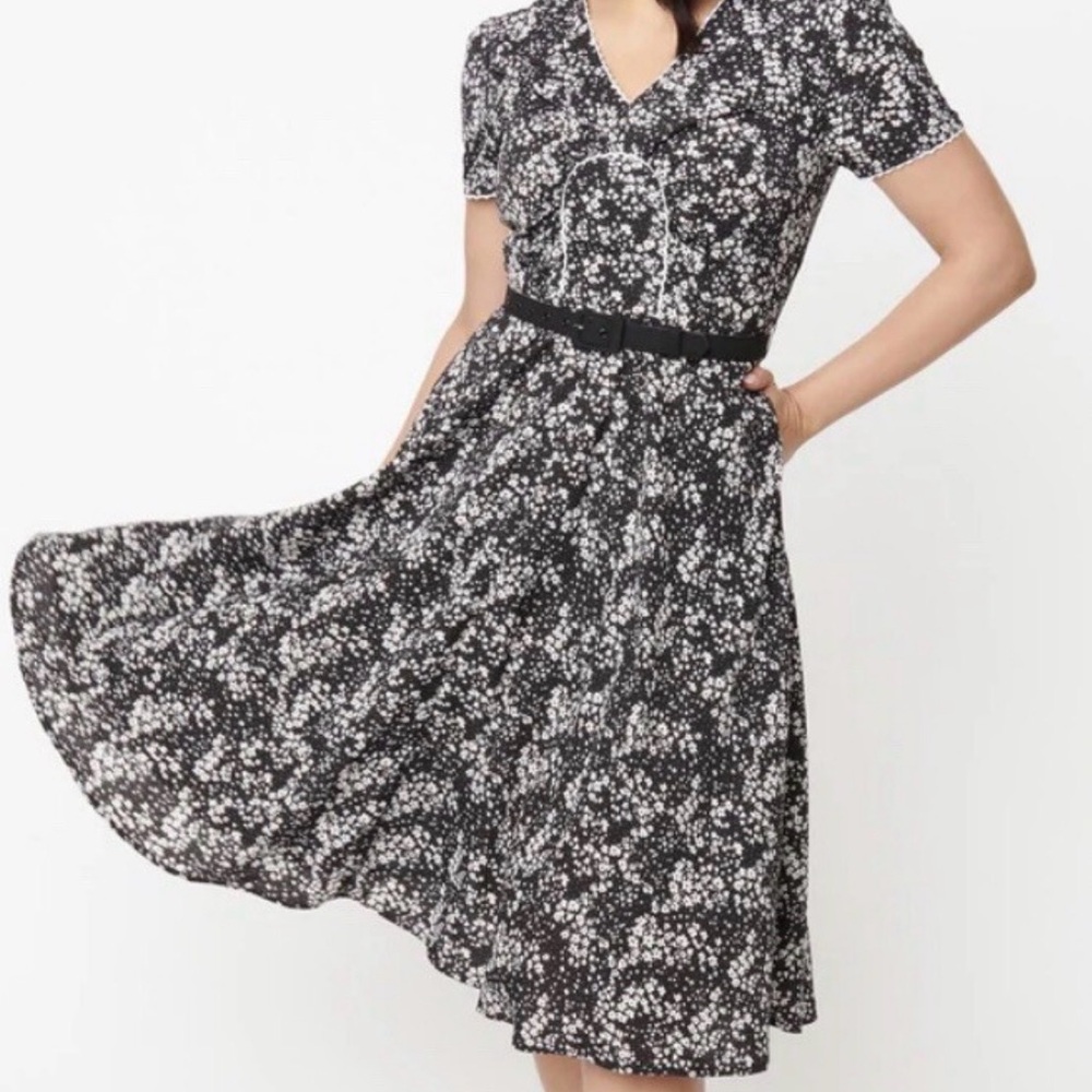 Unique Vintage Black and White Floral Maxi Dress